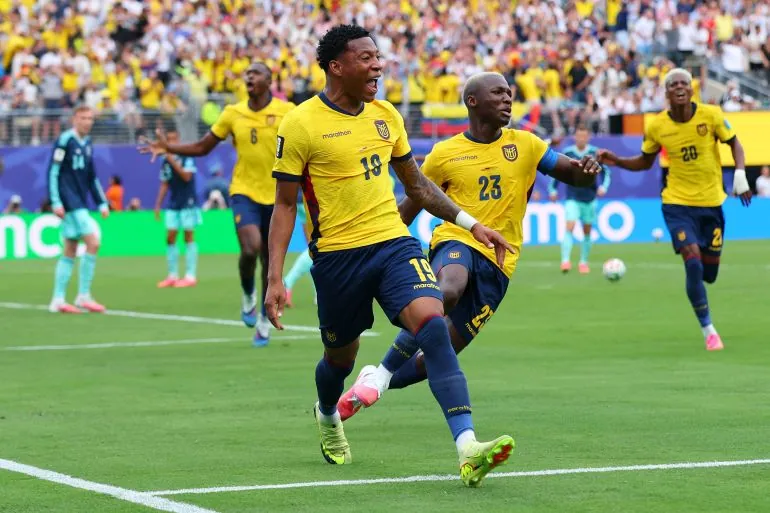 Soccer Football - FIFA World Cup 2026 - Group E - Ecuador v Germany - New York/New Jersey Stadium, East Rutherford, New Jersey, U.S. - June 25, 2026 Ecuador's Gonzalo Plata celebrates scoring their second goal with Moises Caicedo REUTERS/Mike Segar