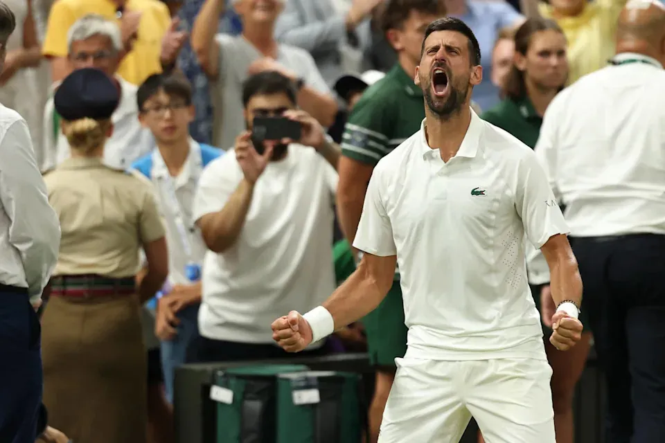 Jul 7, 2026; London, United Kingdom; Novak Djokovic (SRB) celebrates after his match against Felix Auger-Aliassime (CAN) (not pictured) on day nine of The Championships Wimbledon 2026 at All England Lawn Tennis and Croquet Club. Mandatory Credit: Geoff Burke-Imagn Images© Geoff Burke-Imagn Images.