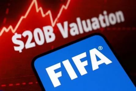 The Fifa logo, words ‘$20B Valuation’ and a rising stock graph are seen in this illustration