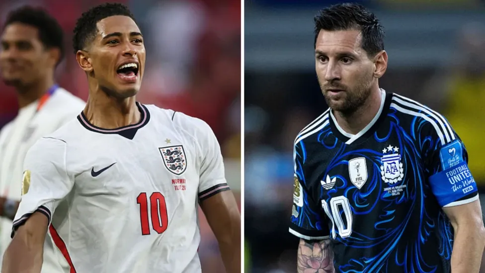 A split image of England's Jude Bellingham wearing the team's white kit and Lionel Messi wearing Argentina's navy blue kit