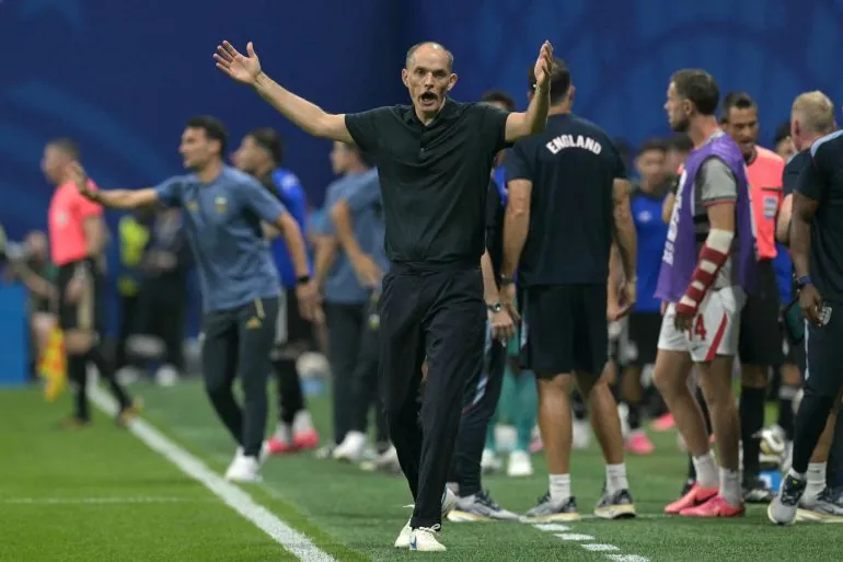 England's German head coach Thomas Tuchel gestures from the techincal area during the 2026 World Cup football tournament semi-final match between England and Argentina at the Atlanta Stadium in Atlanta on July 15, 2026.