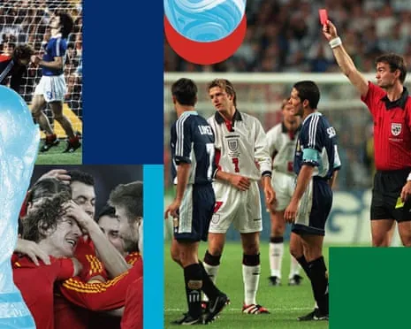 Carles Puyol of Spain in 2010; Didier Six of France in 1982; David Beckham of England in 1998.