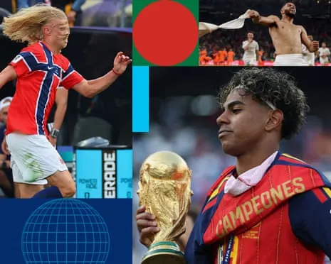 Erling Haaland of Norway with his hair down during the second half of the World Cup round of 16 game against Brazil and Norway, Morocco’s Ismael Saibari celebrates scoring the team's fifth and winning penalty during the penalty shoot-out against Netherlands, Lamine Yamal of Spain celebrates with the World Cup trophy after his team’s victory in the World Cup 2026 final, between Spain and Argentina at New York New Jersey Stadium.