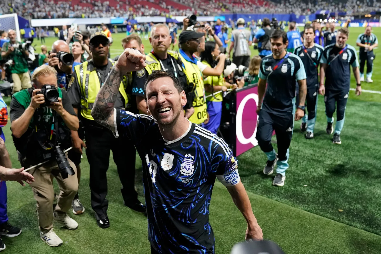 Argentina's Lionel Messi (10) reacts as he leaves the ground after their win in the World Cup semifinal soccer match between England and Argentina in Atlanta, Wednesday, July 15, 2026. (AP Photo/Jacob Kupferman)