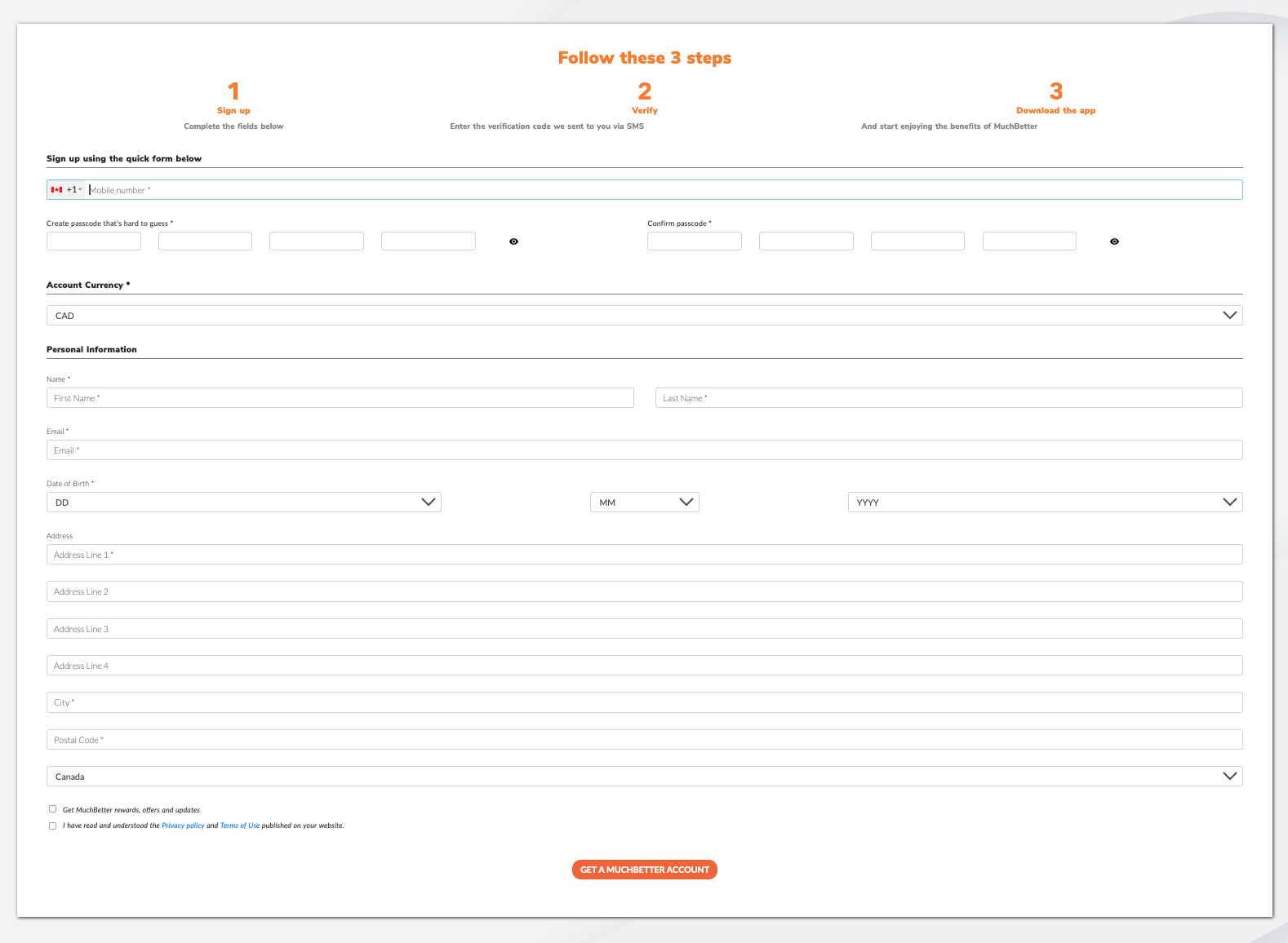 MuchBetter sign up form